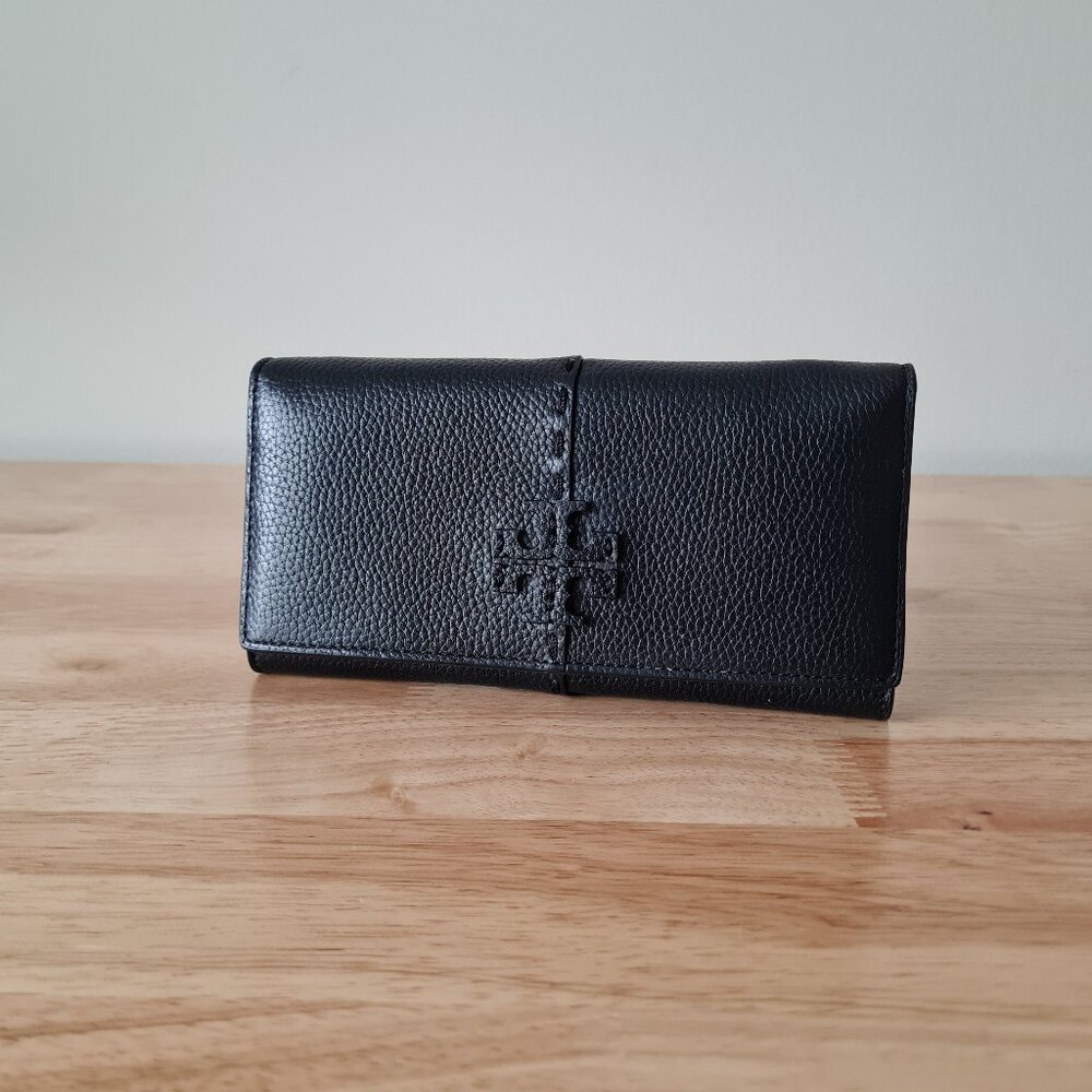 Tory Burch McGraw Envelope Wallet Black Pebbled Long Flap Luxury Designer Zip